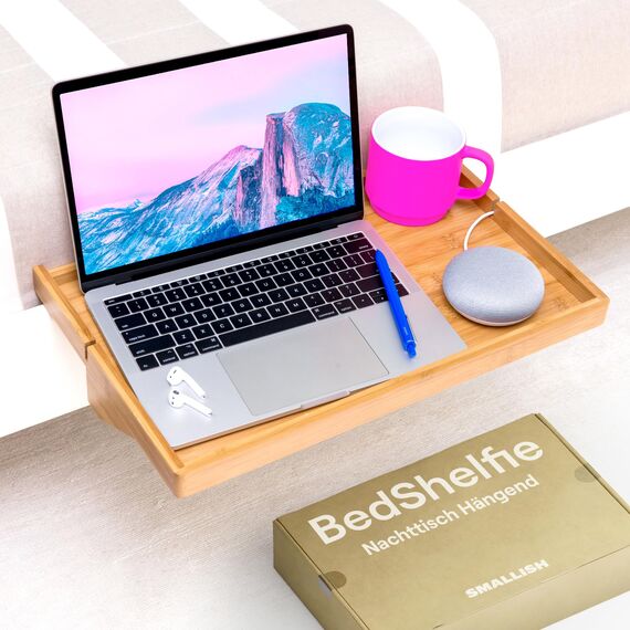 Bedshelfie Nachttisch für Etagenbett und Boxspringbett, Bettablage für WG-Zimmer, Betttablett schwebend, Bettablage zum Einhängen – Plus Holz Natur