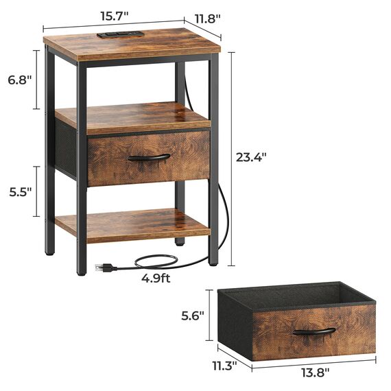 SUPERJARE Nachttisch 2er Set, Bett-Beistelltische mit Ladestation, Verstellbare Stoffschublade, Nachttisch für Schlafzimmer, 3-stöckige Aufbewahrungs-Beistelltische, für Wohnzimmer, Rustikales Braun