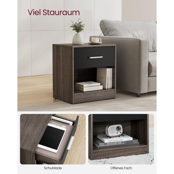 VASAGLE Nachttisch, Beistelltisch, mit Schublade, Griff, offenes Fach, Couchtisch, für Schlafzimmer, Wohnzimmer, kastanienbraun-tintenschwarz LET619K74