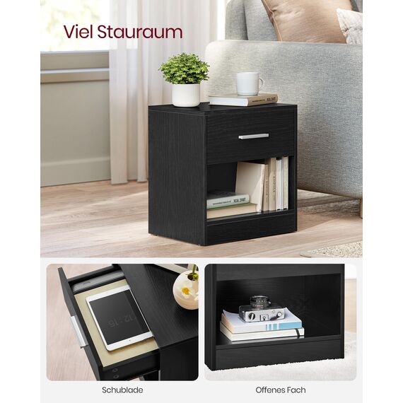 VASAGLE Nachttisch, Beistelltisch, mit Schublade, Griff, offenes Fach, Couchtisch, für Schlafzimmer, Wohnzimmer, klassikschwarz LET619T56