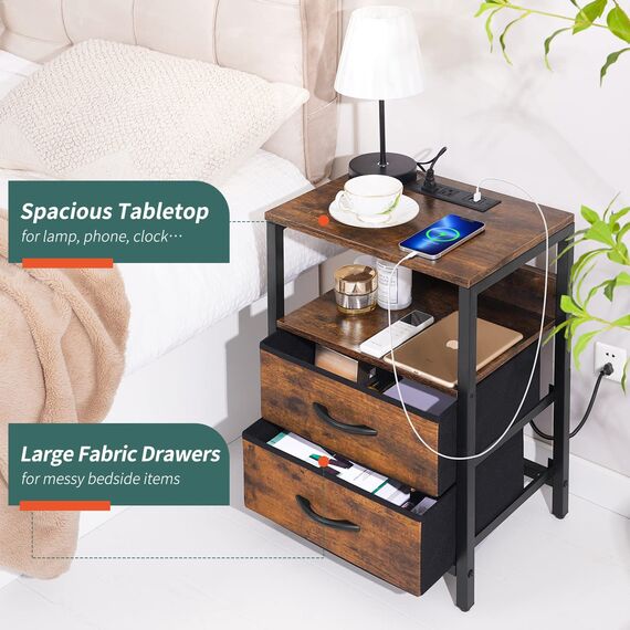 Yoobure Nachttisch mit Ladestation, Kleiner Nachttisch mit Stoffschubladen und Aufbewahrungsregal für Schlafzimmer, kleine Räume, USB-Anschlüsse & Ausgänge
