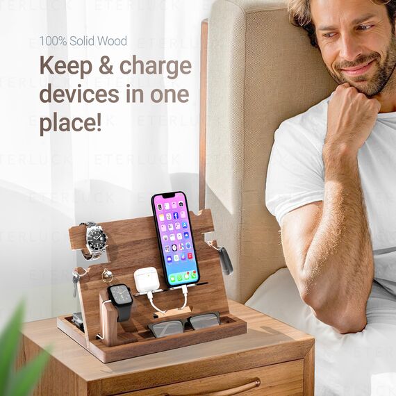 Eterluck Holz-Dockingstation für Herren, Nachttisch-Organizer-Set mit RFID-blockierender Leder-Geldbörse, Ladestation, Handy-Ständer, Tablet-Ständer, Ehemann-Geschenke von der Frau, für Papa – Walnuss