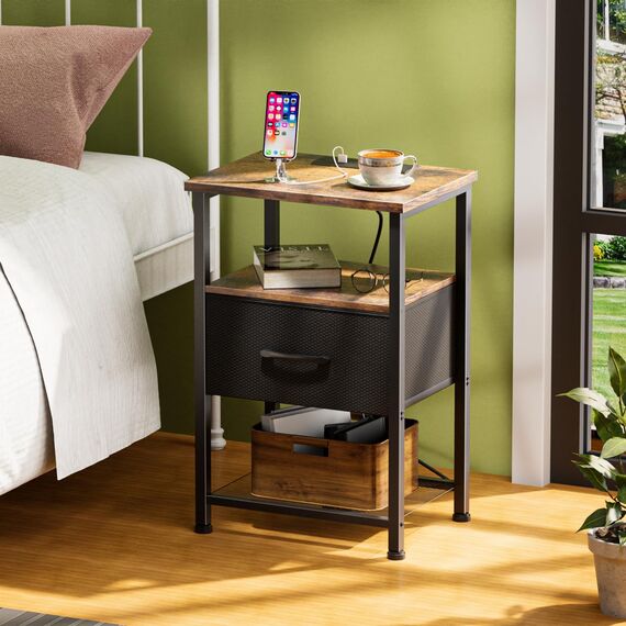 Nachttisch-Set mit Ladestation und Schublade, Beistelltisch, Nachttisch mit LED-Lichtleiste in 20 Farben und 2 Ebenen, Regal für Schlafzimmer, Wohnzimmer, 2 Stück, Rustikales Braun