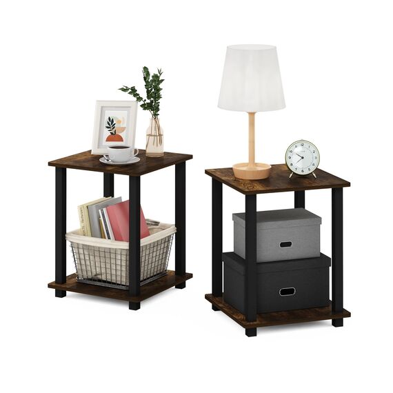 Furinno Simplistic Sofatisch, Couchtisch, Beistelltisch, mit 2 Ebenen, 2-er Set, Bernsteinkiefer/Schwarz