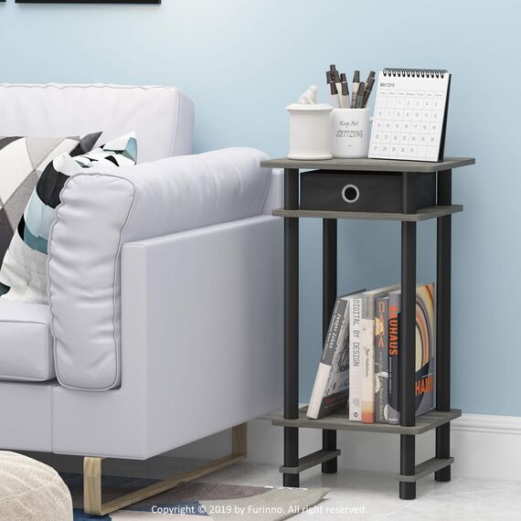 Furinno Hoher Beistelltisch mit Einschüben, Holz, French Oak Grey/Black/Black, 29.49 x 39.5 x 70.41 cm