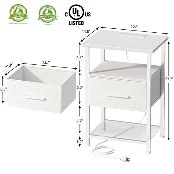 LAKEMID Nachttisch mit Ladestation und Schublade, Beistelltisch mit 20 Farben-LED-Lichtstreifen und 2-lagiges Regal für Schlafzimmer, Wohnzimmer, Sofa, Weiß
