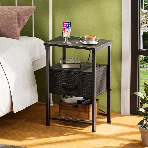 LAKEMID Nachttisch-Set mit Ladestation und Schublade, Beistelltisch mit LED-Lichtleiste in 20 Farben und 2 Ebenen, Regal für Schlafzimmer, Wohnzimmer, Sofa, Couch, Schwarz, 2 Stück