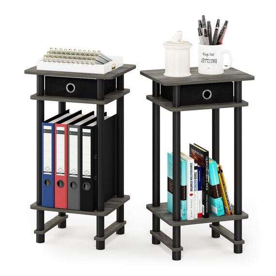 Furinno Hoher Beistelltisch mit Einschüben, Holz, French Oak Grey/Black/Black, 29.49 x 39.5 x 70.41 cm
