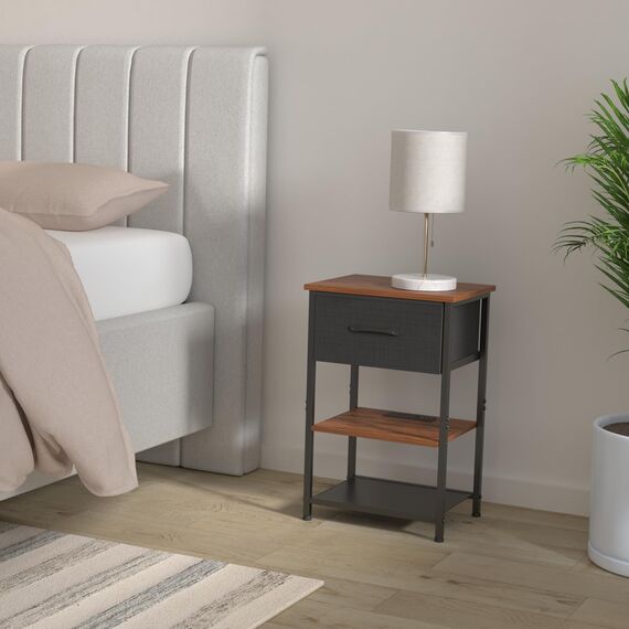 LAKEMID Nachttisch-Set mit Ladestation und Schublade, Beistelltisch mit LED-Lichtleiste in 20 Farben und 2 Ebenen, Regal für Schlafzimmer, Wohnzimmer, Sofa, 2 Stück, rustikales Braun