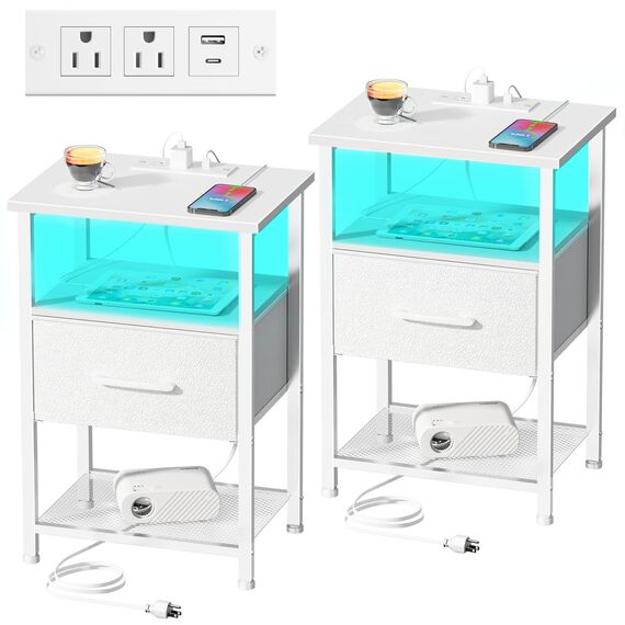 LAKEMID Nachttische mit Ladestation und Schublade, Beistelltisch, Nachttisch mit LED-Lichtleiste in 20 Farben und 2 Ebenen, Regal für Schlafzimmer, Wohnzimmer, Sofa, Couch, Weiß, 2 Stück