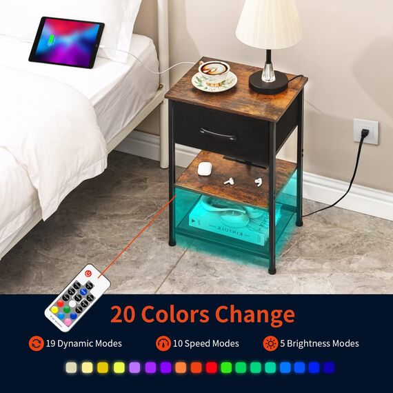 LAKEMID Nachttisch-Set mit Ladestation und Schublade, Beistelltisch mit LED-Lichtleiste in 20 Farben und 2 Ebenen, Regal für Schlafzimmer, Wohnzimmer, Sofa, 2 Stück, rustikales Braun