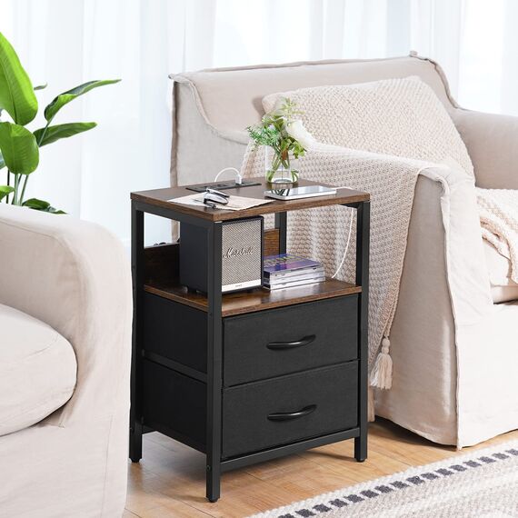 Yoobure Nachttisch mit Ladestation, Kleiner Nachttisch mit Stoffschubladen und Aufbewahrungsregal für Schlafzimmer, Nachttische für kleine Räume, Nachttisch mit USB-Anschlüssen & Ausgängen,