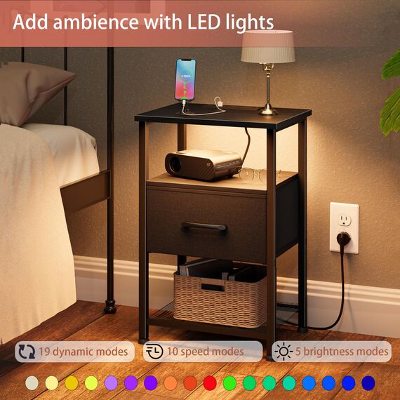 LAKEMID Nachttisch-Set mit Ladestation und Schublade, Beistelltisch mit LED-Lichtleiste in 20 Farben und 2 Ebenen, Regal für Schlafzimmer, Wohnzimmer, Sofa, Couch, Schwarz, 2 Stück