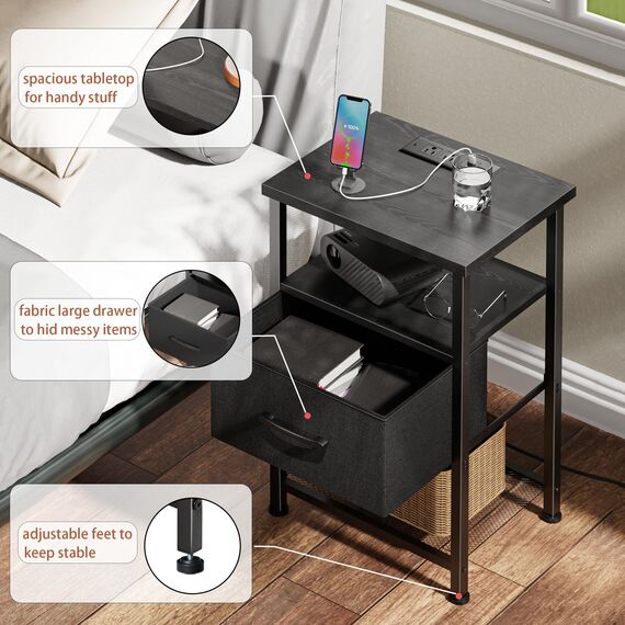 LAKEMID Nachttisch-Set mit Ladestation und Schublade, Beistelltisch mit LED-Lichtleiste in 20 Farben und 2 Ebenen, Regal für Schlafzimmer, Wohnzimmer, Sofa, Couch, Schwarz, 2 Stück