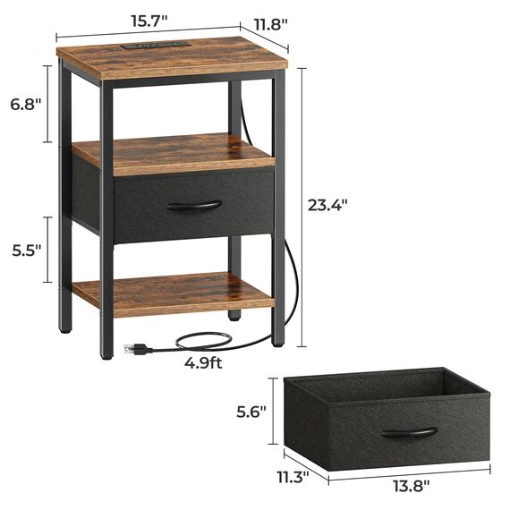 SUPERJARE Nachttisch mit Ladestation, Bett Beistelltisch mit Verstellbarer Stoffschublade, 3-stöckiger Nachttisch für Schlafzimmer, Aufbewahrungsbeistelltisch, für Wohnzimmer,Vintage Braun