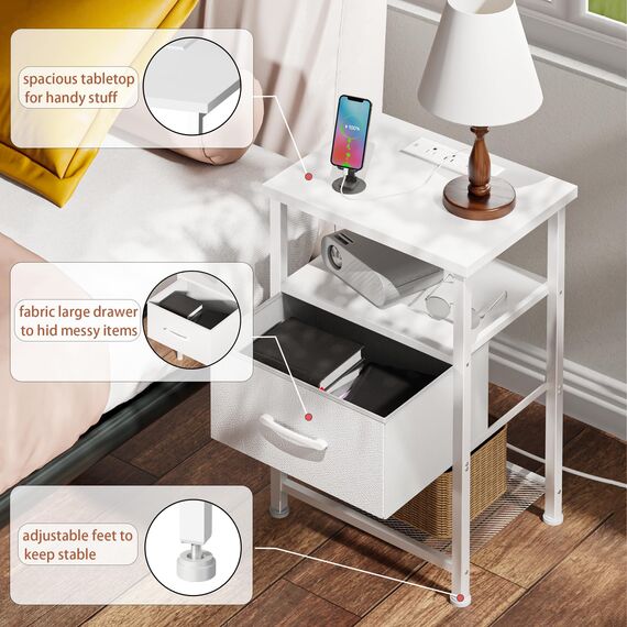 LAKEMID Nachttisch mit Ladestation und Schublade, Beistelltisch mit 20 Farben-LED-Lichtstreifen und 2-lagiges Regal für Schlafzimmer, Wohnzimmer, Sofa, Weiß