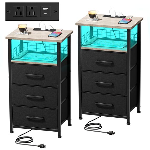 LAKEMID Nachttisch-Set 2 mit Ladestation, Beistelltisch mit LED-Lichtleiste in 20 Farben, 3 Stoffschubladen, Nachttisch mit USB-Anschlüssen und Steckdosen für Schlafzimmer, Grau