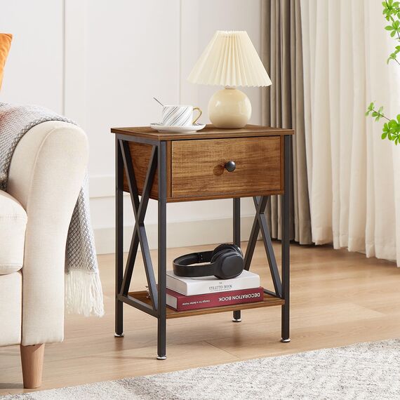 VECELO Nachttisch, moderner Beistelltisch, Nachttisch mit Mülleimer-Schublade für Wohnzimmer, Schlafzimmer, 2er-Set, industrieller Metallrahmen, Tisch, braun