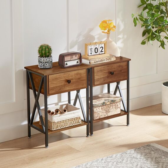 VECELO Nachttisch, moderner Beistelltisch, Nachttisch mit Mülleimer-Schublade für Wohnzimmer, Schlafzimmer, 2er-Set, industrieller Metallrahmen, Tisch, braun
