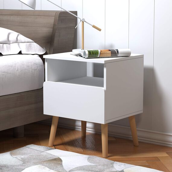 WOLTU® Nachttisch 2er Set Nachtkommode Nachtschrank Beistelltisch Sofatisch, mit Schublade und Offenem Fach, mit Beinen, Holz, Weiß, 40x33,5x50cm(BxTxH), TSR58ws-2