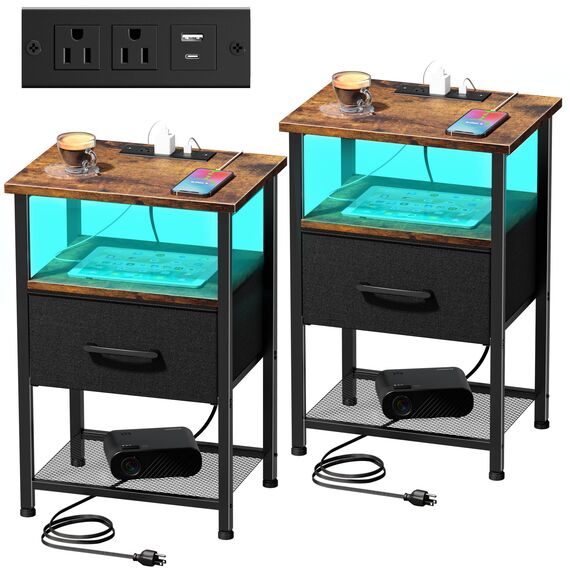Nachttisch-Set mit Ladestation und Schublade, Beistelltisch, Nachttisch mit LED-Lichtleiste in 20 Farben und 2 Ebenen, Regal für Schlafzimmer, Wohnzimmer, 2 Stück, Rustikales Braun