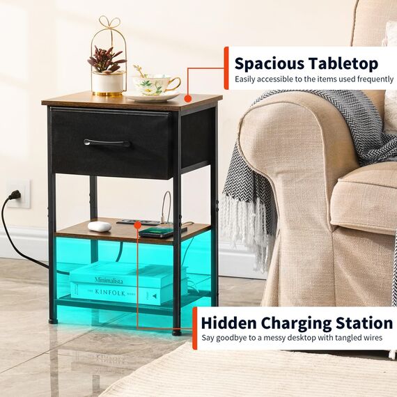 LAKEMID Nachttisch-Set mit Ladestation und Schublade, Beistelltisch mit LED-Lichtleiste in 20 Farben und 2 Ebenen, Regal für Schlafzimmer, Wohnzimmer, Sofa, 2 Stück, rustikales Braun