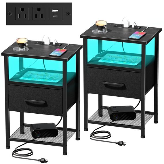 LAKEMID Nachttisch-Set mit Ladestation und Schublade, Beistelltisch mit LED-Lichtleiste in 20 Farben und 2 Ebenen, Regal für Schlafzimmer, Wohnzimmer, Sofa, Couch, Schwarz, 2 Stück
