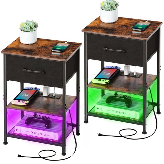 LAKEMID Nachttisch-Set mit Ladestation und Schublade, Beistelltisch mit LED-Lichtleiste in 20 Farben und 2 Ebenen, Regal für Schlafzimmer, Wohnzimmer, Sofa, 2 Stück, rustikales Braun