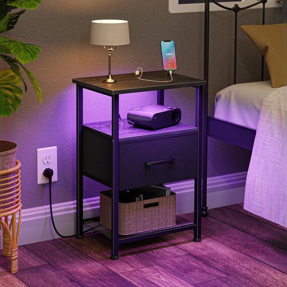LAKEMID Nachttisch-Set mit Ladestation und Schublade, Beistelltisch mit LED-Lichtleiste in 20 Farben und 2 Ebenen, Regal für Schlafzimmer, Wohnzimmer, Sofa, Couch, Schwarz, 2 Stück