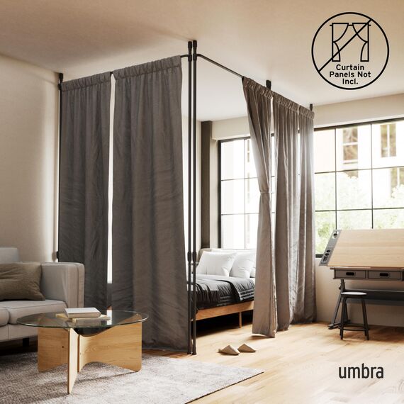 Umbra Anywhere Rod Ausziehbare Vorhangstange und Raumteiler, mobile Teleskop- und Klemmvorhangstange, Montage ohne Bohren und Schrauben, D25mm, 91-168 cm, Matt Schwarz