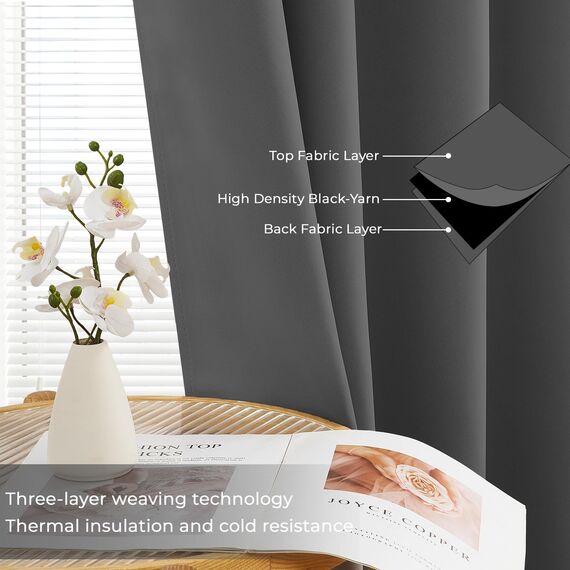MRTREES Vorhang Blickdicht Gardinen Thermovorhang mit Ösen Verdunklungsvorhang Ösenschal Vorhänge Kurz Modern 225×140cm(H×B) Dunkelgrau 2er Set für Wohnzimmer Schlafzimmer