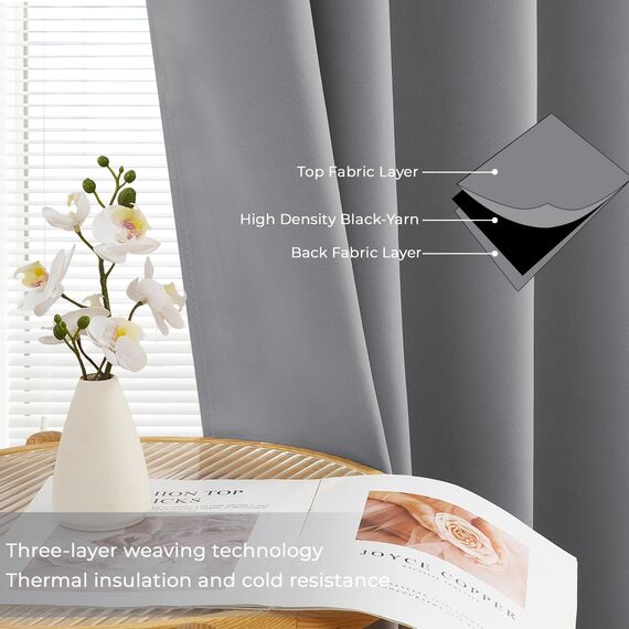 MRTREES Vorhang Blickdicht Gardinen Thermovorhang mit Ösen Verdunklungsvorhang Ösenschal Vorhänge Kurz Modern 225×140cm(H×B) Hellgrau 2er Set für Hotels Büros Wohnzimmer Schlafzimmer Kinderzimmer