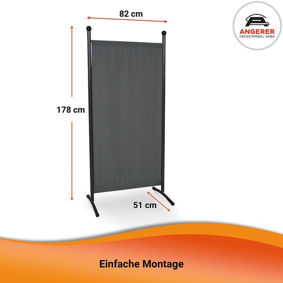 ANGERER Stellwand 178 x 82 cm, Sicht- & Sonnenschutz, Raumtrenner, Innen & Outdoor Büro Balkon/Terrasse, Schlafzimmer, Garten, Made in Germany, waschbare Bezüge, Polyacryl dunkelgrau