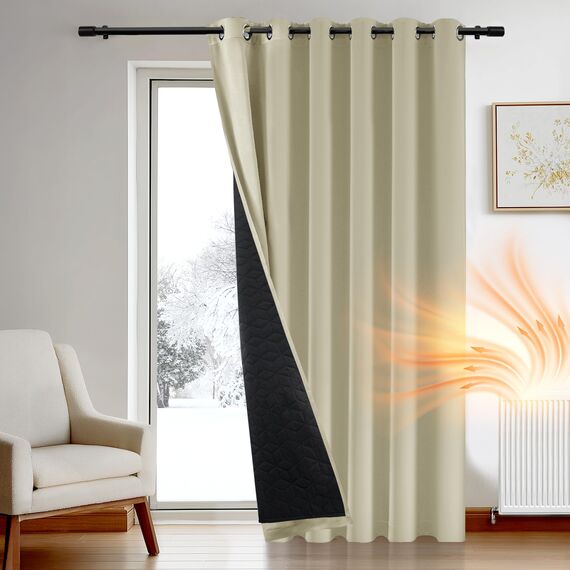 Deconovo Thermovorhang Kälteschutz, Gardinen mit Ösen gegen Kälte, Wärmeisolierend Vorhang Verdunkelung Wohnzimmer, 260x200cm(HöhexBreite), Beige, 1 Stück