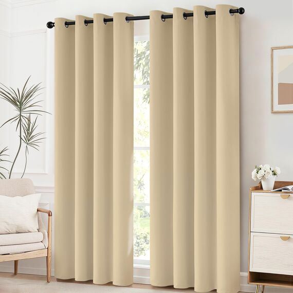 Yakamok Vorhänge, 160 cm Länge, Raumverdunkelung, wärmeisoliert, Fensterbehandlungsvorhang mit Ösen für Wohnzimmer (2 Bahnen, 132 x 160 cm, Beige)