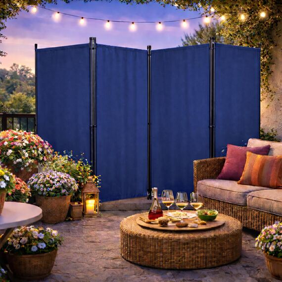 QUICK STAR Paravent 4 Teilig 165 x 220 cm Blau - Garten & Balkon Sichtschutz Stellwand Innen & Außen - Raumteiler Trennwand Faltbar Blickdicht & Wetterfest