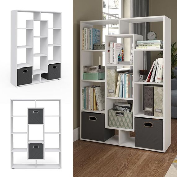 Vicco Drehregal, Weiß, 107.2 x 143 cm mit 2 Faltboxen, zur Raumtrennung und flexiblen Aufbewahrung einsetzbar