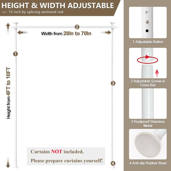 Raumteiler Ohne Bohren - Verstellbare Gardinenstange für Raumtrennung, 1,2-3 m (H) 71,1-177,8 cm (B), Strapazierfähig, Boden- bis Decken-Trennwand, Tragbare Hängende Trennwände