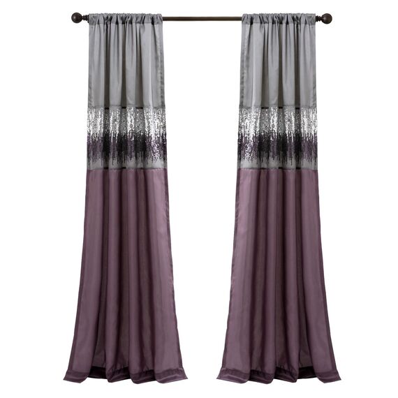 Lush Decor Night Sky Fenstervorhang, Einzelbett, 106,7 cm B x 213,4 cm L, Lila und Grau, Paillettenvorhänge, glitzerndes und farbblockiges Design, Moderne Glamour-Dekoration, Lange Vorhänge für