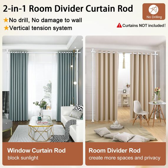 Raumteiler Ohne Bohren - Verstellbare Gardinenstange für Raumtrennung, 1,2-3 m (H) 71,1-177,8 cm (B), Strapazierfähig, Boden- bis Decken-Trennwand, Tragbare Hängende Trennwände