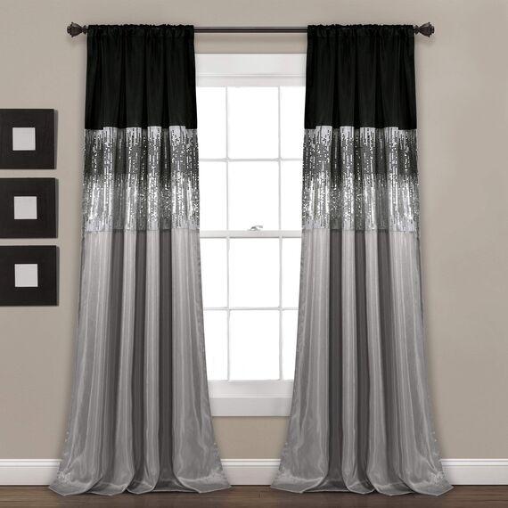 Lush Decor Night Sky Fenstervorhang, Einzelbett, 106,7 cm B x 241,3 cm L, Schwarz und Grau, Paillettenvorhänge, glitzerndes und farbblockiges Design, Moderne Glamour-Dekoration, Lange Vorhänge für