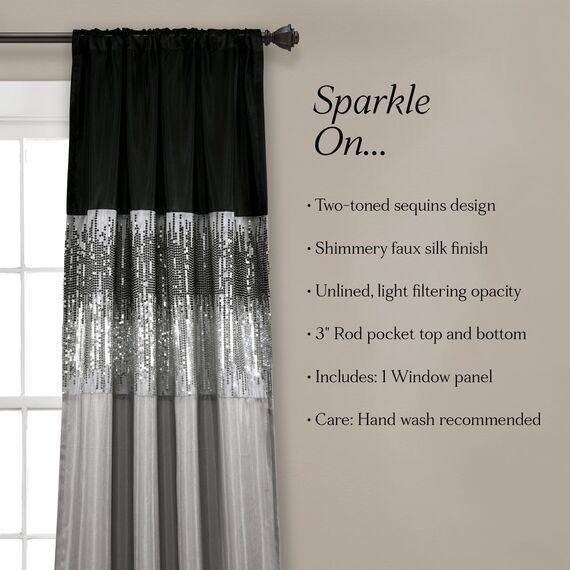 Lush Decor Night Sky Fenstervorhang, Einzelbett, 106,7 cm B x 241,3 cm L, Schwarz und Grau, Paillettenvorhänge, glitzerndes und farbblockiges Design, Moderne Glamour-Dekoration, Lange Vorhänge für