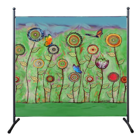 QUICK STAR Paravent Outdoor Wetterfest 180 x 178 cm Green Flowers | Raumteiler Stellwand Innen | Garten & Balkon Sichtschutz Blickdicht