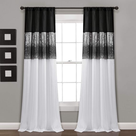 Lush Decor Night Sky Fenstervorhang, Einzelbett, 106,7 cm B x 244,4 cm L, Schwarz & Weiß – Pailletten-Hintergrundvorhang – Raumverdunkelungsvorhänge für Schlafzimmer – Glamour-Dekor