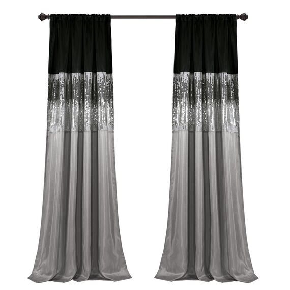 Lush Decor Night Sky Fenstervorhang, Einzelbett, 106,7 cm B x 241,3 cm L, Schwarz und Grau, Paillettenvorhänge, glitzerndes und farbblockiges Design, Moderne Glamour-Dekoration, Lange Vorhänge für