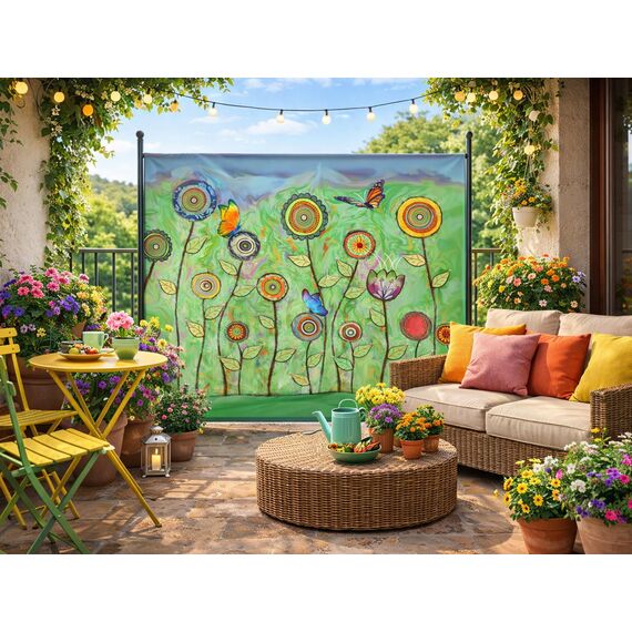 QUICK STAR Paravent Outdoor Wetterfest 180 x 178 cm Green Flowers | Raumteiler Stellwand Innen | Garten & Balkon Sichtschutz Blickdicht