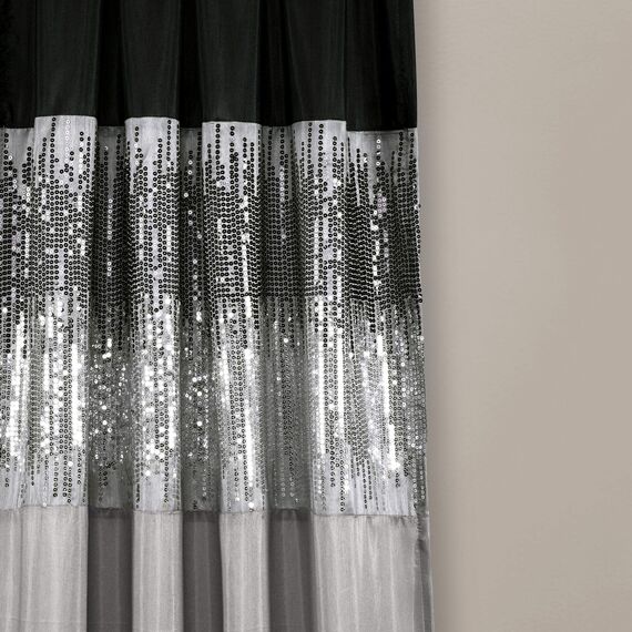 Lush Decor Night Sky Fenstervorhang, Einzelbett, 106,7 cm B x 241,3 cm L, Schwarz und Grau, Paillettenvorhänge, glitzerndes und farbblockiges Design, Moderne Glamour-Dekoration, Lange Vorhänge für