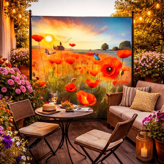 QUICK STAR Paravent Outdoor Wetterfest 180 x 178 cm Mohnwiese | Raumteiler Stellwand Innen | Garten & Balkon Sichtschutz Blickdicht