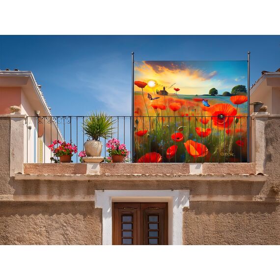 QUICK STAR Paravent Outdoor Wetterfest 180 x 178 cm Mohnwiese | Raumteiler Stellwand Innen | Garten & Balkon Sichtschutz Blickdicht