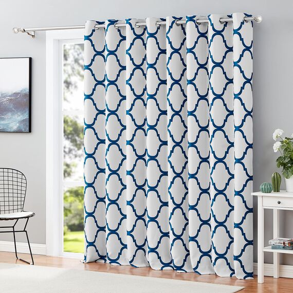 Melodieux Marokkanische Terrassenvorhänge für extra breite Fenster, Raumteiler, Verdunkelung, Ösenvorhang für Glasschiebetür, 1 Vorhangschal (254 x 244 cm, Cremeweiß/Königsblau)